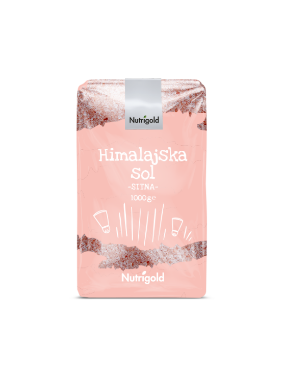 Nutrigold drobno mleta jodirana himalajska sol v 1000 gramski prozorni plastični embalaži.