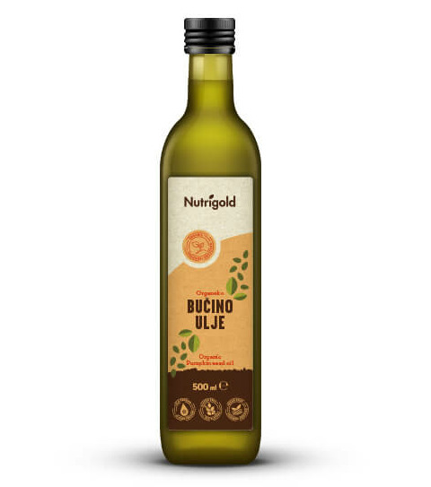 Nutrigold organsko hladno stiskano bučno olje v temni steklenički 500ml