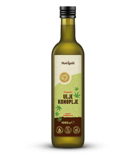 Nutrigold organsko hladno stiskano konopljino olje v temni steklenički 1000ml