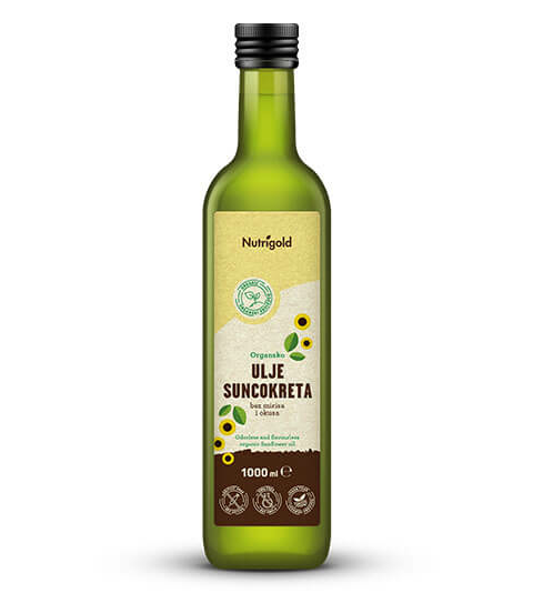 Organsko Nutrigold sončnično olje brez okusa in vonja v temni steklenici 1000ml