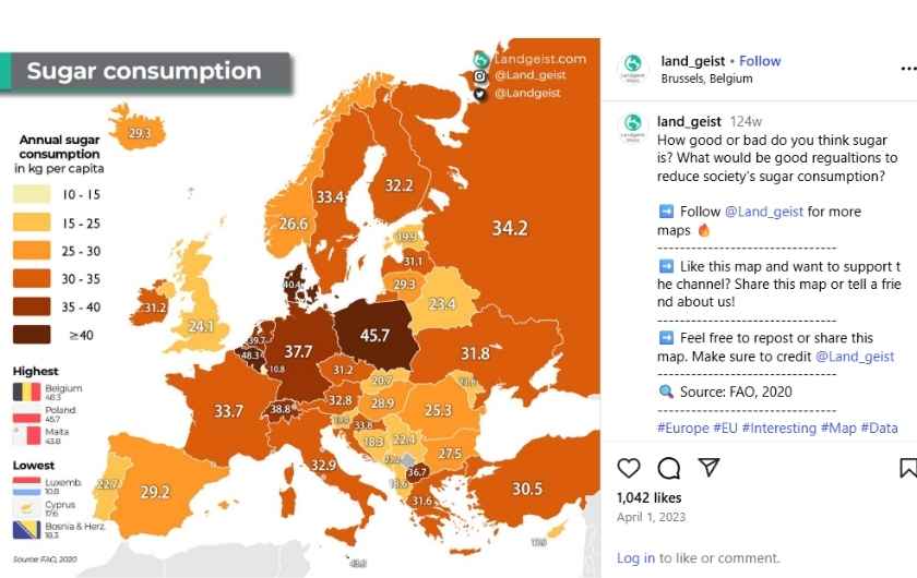 Spletna stran "Landgeist" je objavila analizo porabe sladkorja v Evropi na podlagi podatkov Organizacije Združenih narodov za hrano in kmetijstvo (FAO).