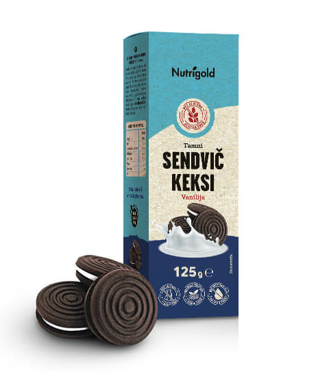 Nutrigold sendvič keksi temni Vanilija brez glutena pakiranje 125g 