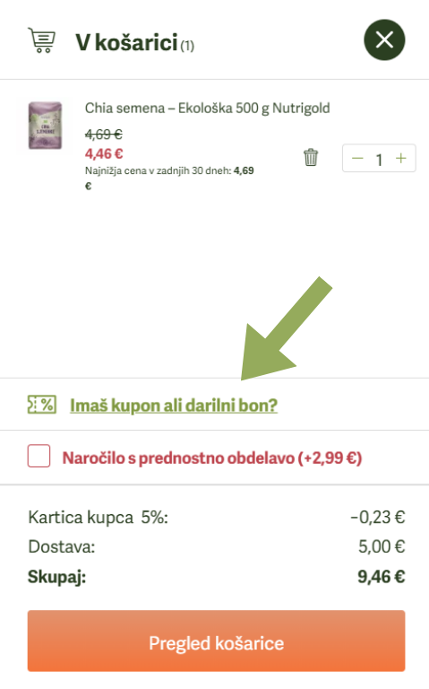 Mesto za vpis kode za popust_Tovarna Zdrave Hrane