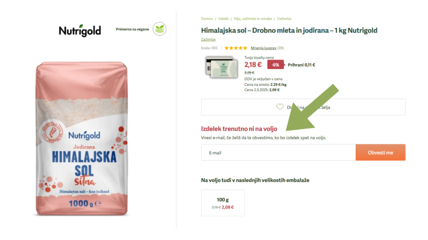 Tovarna Zdrave Hrane_Izdelek ni na voljo, email obveščanje