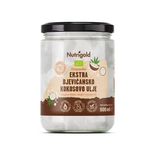 Nutrigold ekološko ekstra deviško kokosovo olje v 500 ml kozarcu.