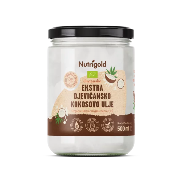 Nutrigold ekološko ekstra deviško kokosovo olje v 500 ml kozarcu.