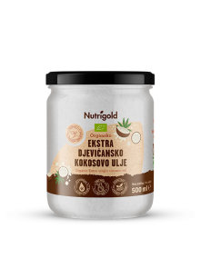 Nutrigold ekološko ekstra deviško kokosovo olje v 500 ml kozarcu.