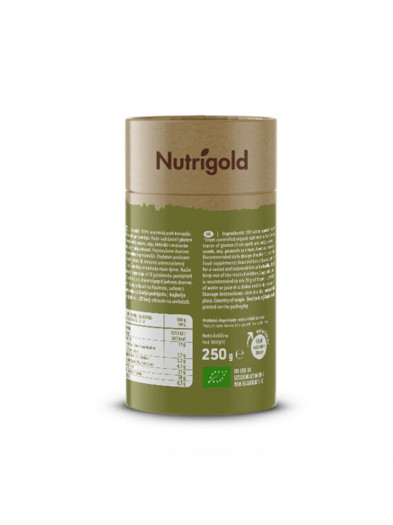 Nutrigold ekološke konopljine beljakovine v prahu v rjavi embalaži, 250g.