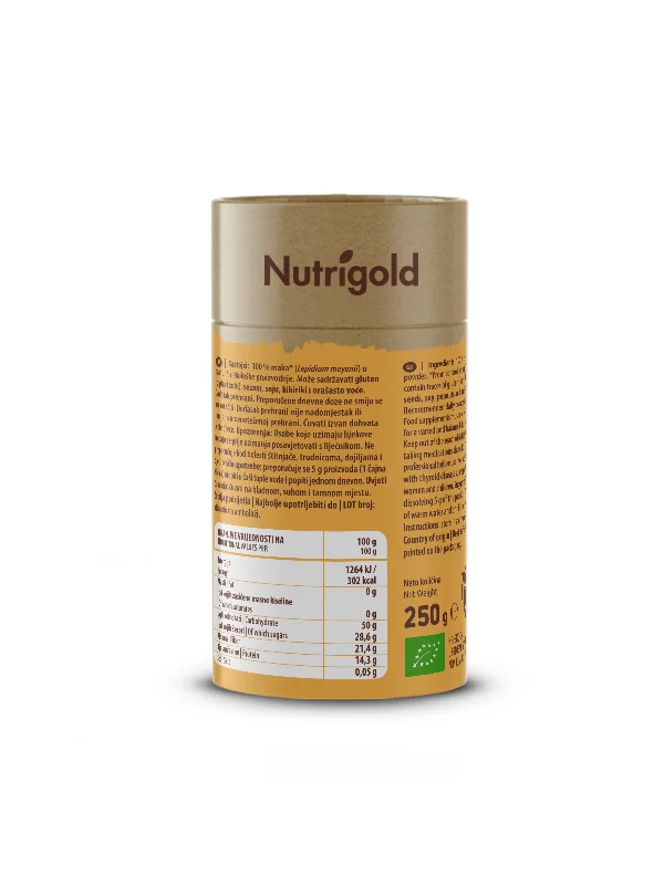 Nutrigold ekološka maca v prahu v rjavi embalaži, 250g.