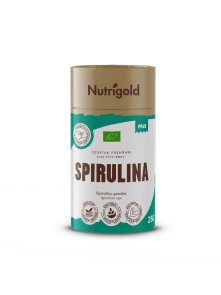 Nutrigold ekološka spirulina v prahu v rjavi valjkasti embalaži.