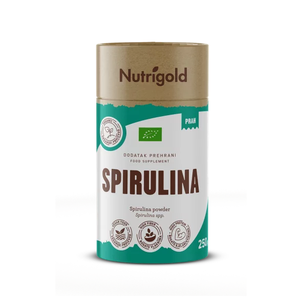 Nutrigold ekološka spirulina v prahu v rjavi valjkasti embalaži.