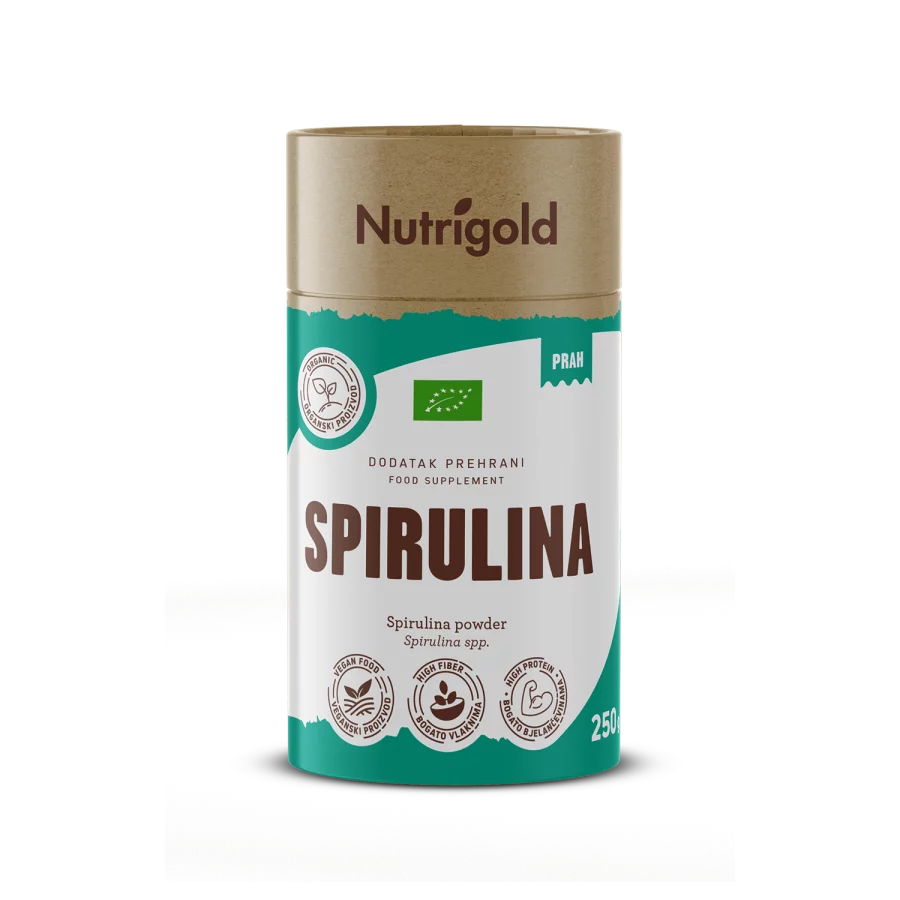 Nutrigold ekološka spirulina v prahu v rjavi valjkasti embalaži.