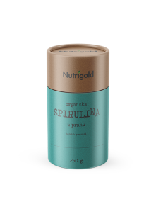 Nutrigold ekološka spirulina v prahu v rjavi valjkasti embalaži.