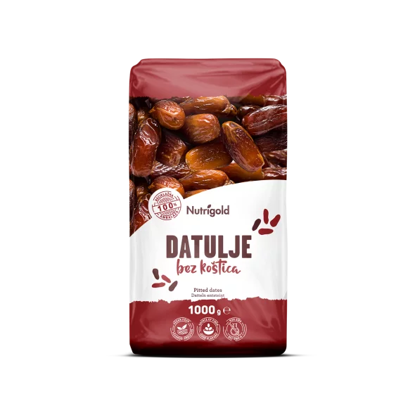 Nutrigold Suhi datlji brez koščic v 1000 gramski prozorni embalaži z nalepko.