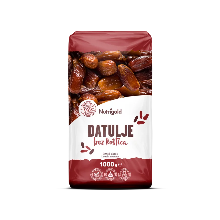 Nutrigold Suhi datlji brez koščic v 1000 gramski prozorni embalaži z nalepko.