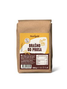 Nutrigold prosena moka v rjavi 500 gramski rjavi embalaži.
