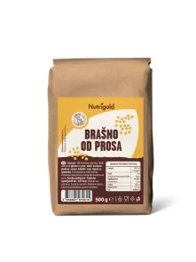 Nutrigold prosena moka v rjavi 500 gramski rjavi embalaži.