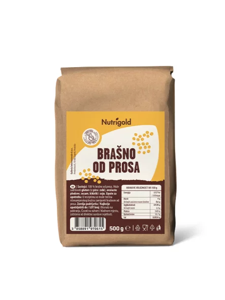 Nutrigold prosena moka v rjavi 500 gramski rjavi embalaži.