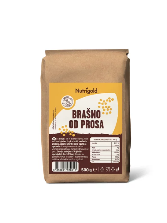Nutrigold prosena moka v rjavi 500 gramski rjavi embalaži.