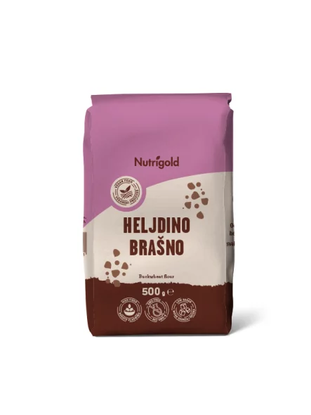 Nutrigold ajdova moka v 500 gramski rjavi papirnati embalaži.
