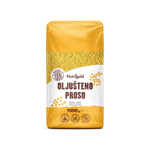 Nutrigold oluščeno proso v prozorni plastični embalaži, 1000 g.