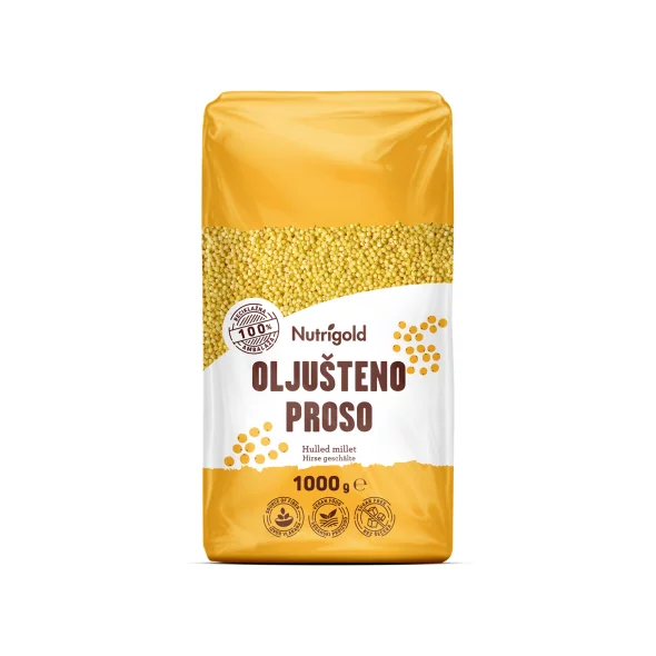 Nutrigold oluščeno proso v prozorni plastični embalaži, 1000 g.