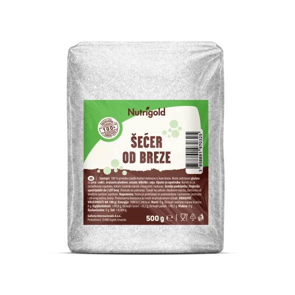 Nutrigold brezov sladkor v prozorni plastični embalaži, 500g.