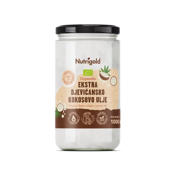 Nutrigold ekološko ekstra deviško kokosovo olje v 1000 ml kozarcu.