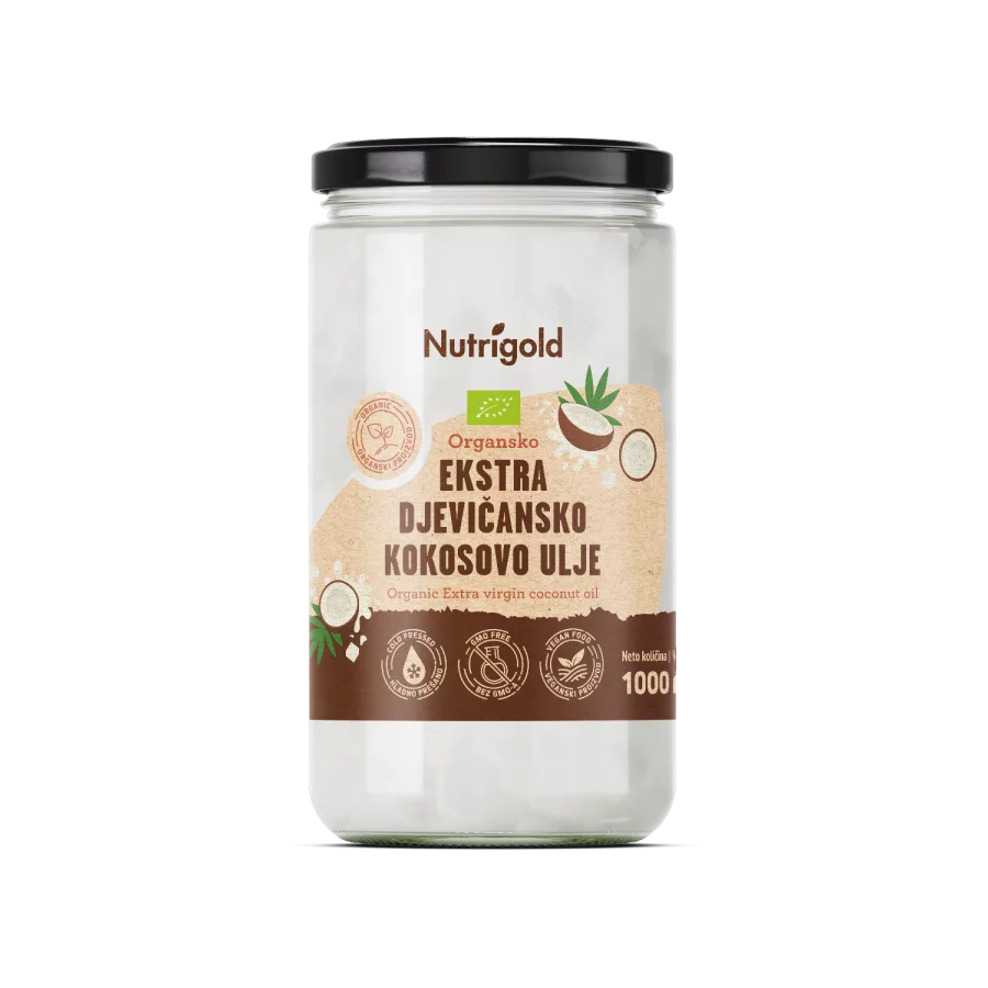 Nutrigold ekološko ekstra deviško kokosovo olje v 1000 ml kozarcu.