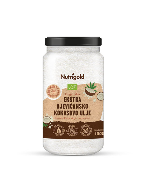 Nutrigold ekološko ekstra deviško kokosovo olje v 1000 mililitrskem kozarcu.