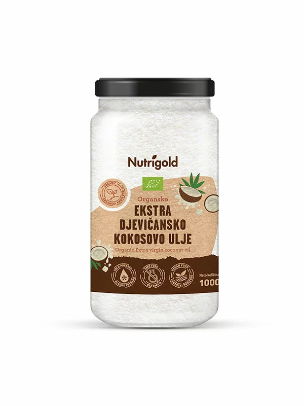 Nutrigold ekološko ekstra deviško kokosovo olje v 1000 mililitrskem kozarcu.