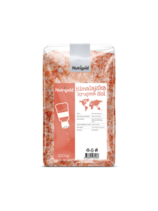 Nutrigold grobo mleta jodiranahimalajska sol v prozorni 1000 gramski plastični embalaži.
