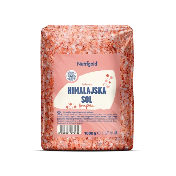 Nutrigold grobo mleta jodirana himalajska sol v prozorni 1000 gramski plastični embalaži.
