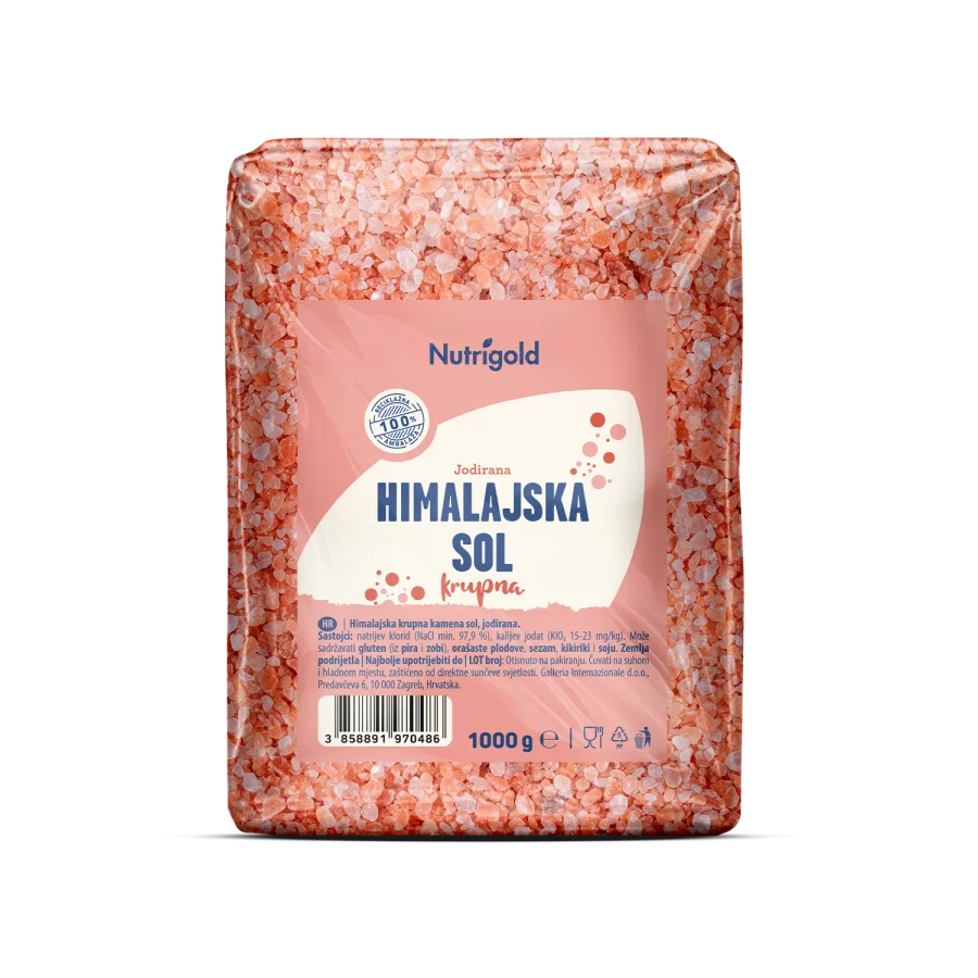 Nutrigold grobo mleta jodirana himalajska sol v prozorni 1000 gramski plastični embalaži.