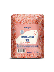 Nutrigold grobo mleta jodiranahimalajska sol v prozorni 1000 gramski plastični embalaži.