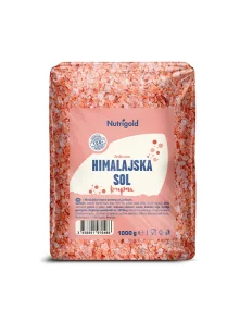 Nutrigold grobo mleta jodiranahimalajska sol v prozorni 1000 gramski plastični embalaži.