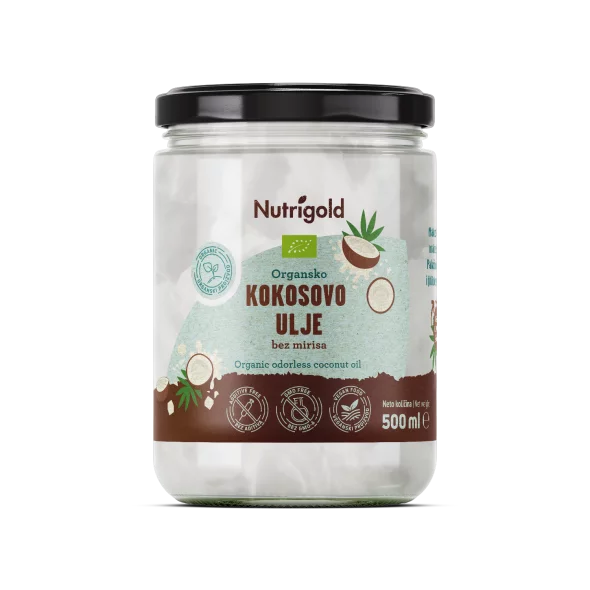 Nutrigold ekološko kokosovo olje brez vonja v 500 ml kozarcu.