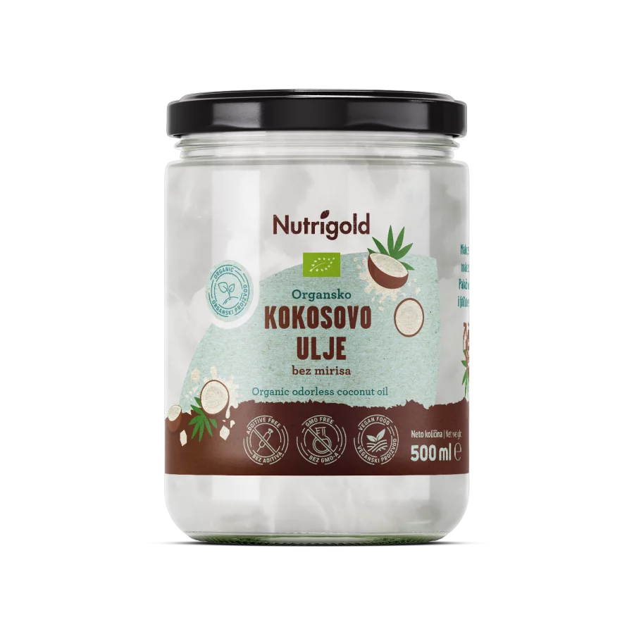 Nutrigold ekološko kokosovo olje brez vonja v 500 ml kozarcu.