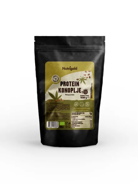 Nutrigold ekološke konopljine beljakovine v plastični embalaži, 1000g.
