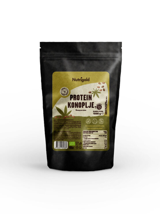 Nutrigold ekološke konopljine beljakovine v plastični embalaži, 1000g.