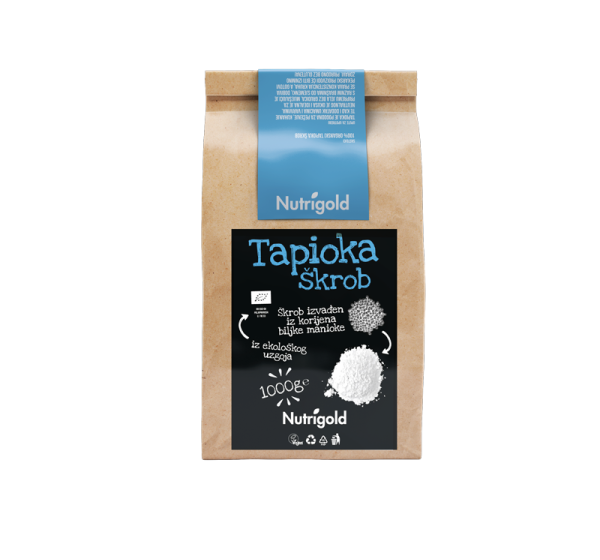 Nutrigold tapioka škrob iz certificiranog organskog uzgoja u papirnatom pakiranju od 1000 grama.