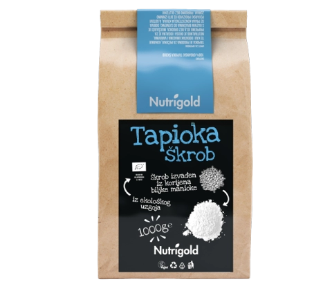 Nutrigold tapioka škrob iz organskog uzgoja u smeđoj, papirnatoj ambalaži od 500 grama.