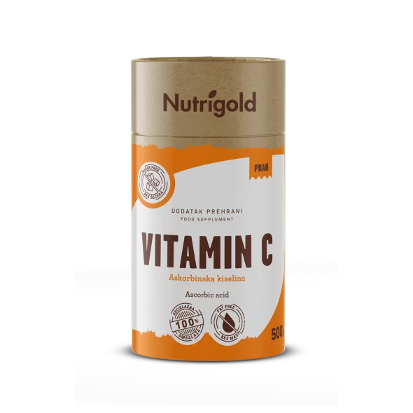 Nutrigold vitamin C v prahu (Askorbinska kislina) v rjavi valjkasti embalaži, 500g.