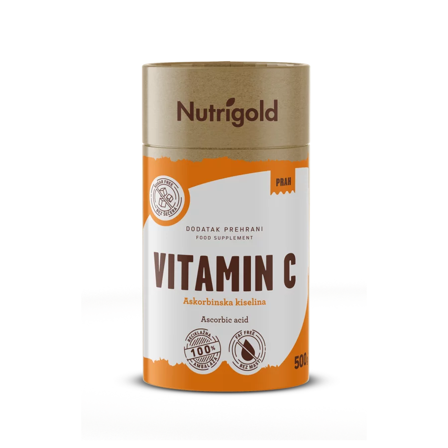Nutrigold vitamin C v prahu (Askorbinska kislina) v rjavi valjkasti embalaži, 500g.