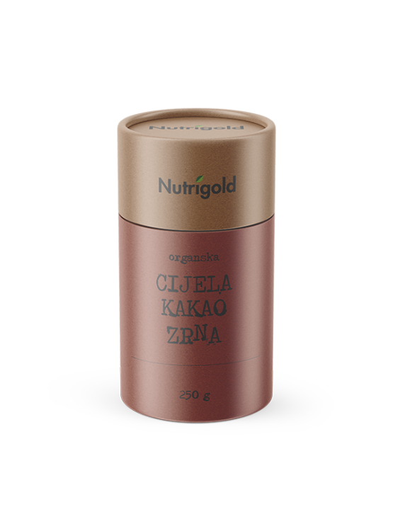 Nutrigold ekološka cela kakavova zrna v rjavi embalaži, 250g.