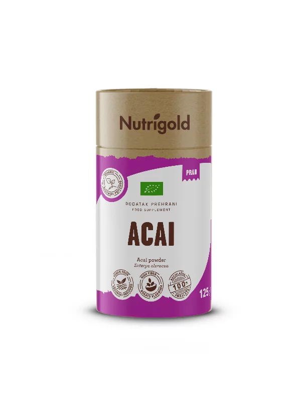 Nutrigold ekološki acai v prahu v rjav ivaljkasti kartonski embalaži, 125g.