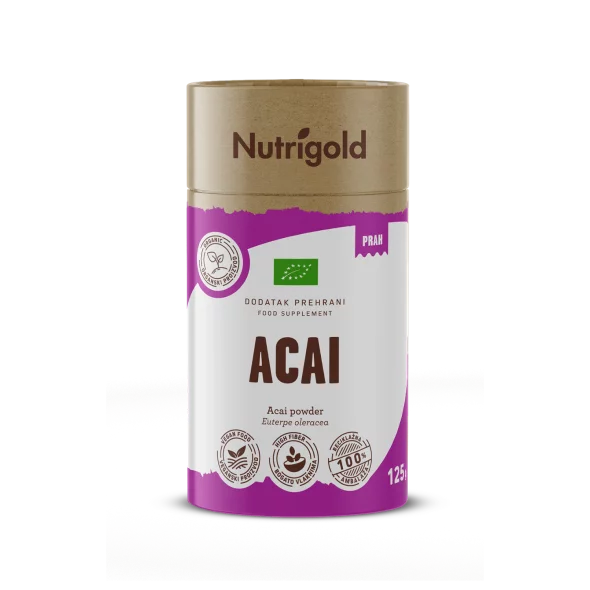Nutrigold ekološki acai v prahu v rjav ivaljkasti kartonski embalaži, 125g.