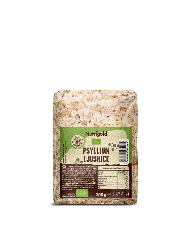 Nutrigold ekološki psyllium kosmiči v prozorni plastični embalaži, 300g.