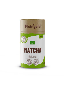 Nutrigold matcha prah iz certificirane ekološke pridelave v 100 gramski rjavi embalaži.