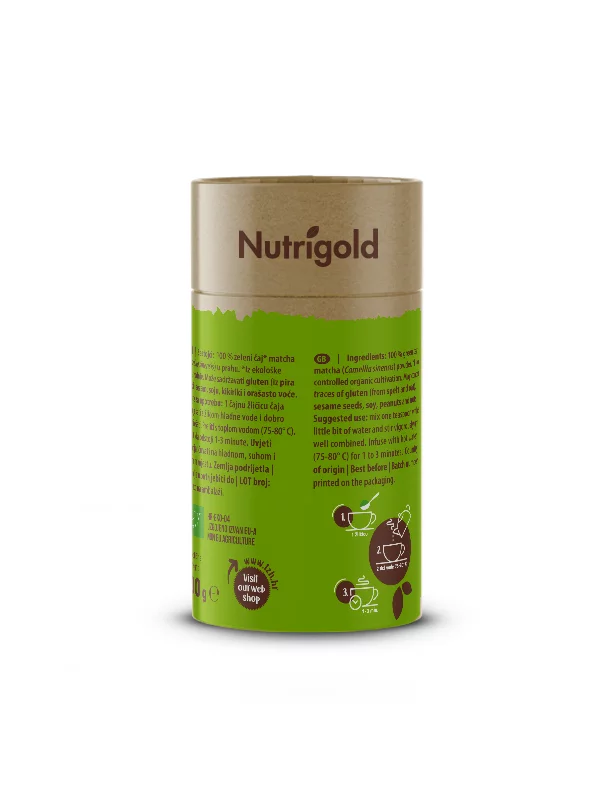 Nutrigold matcha prah iz certificirane ekološke pridelave v 100 gramski rjavi embalaži.